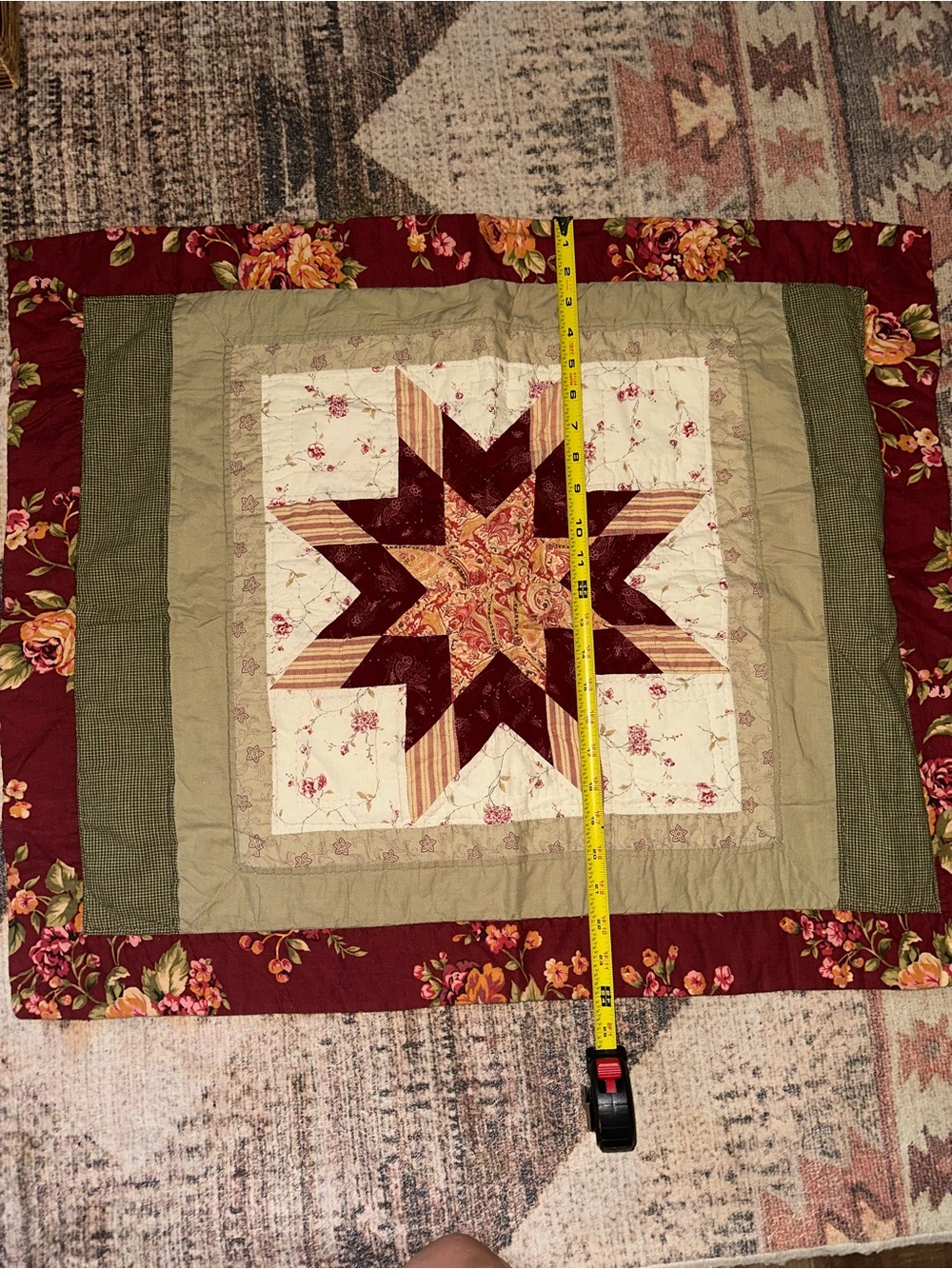 Patchwork Star Quilted pillow cover- Burgundy, Olive, Cream